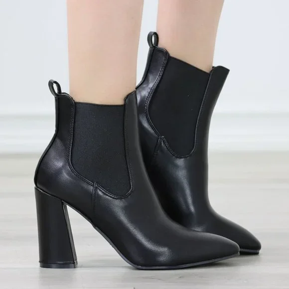 Womens High Heel Ankle Boots Pointed Toe Elastic Gore Booties Synthetic Leather - Picture 1 of 12